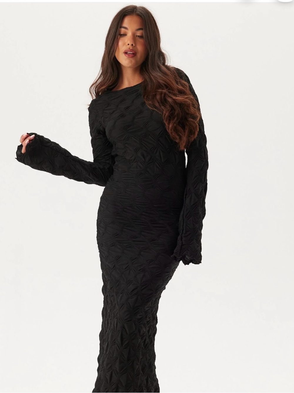 See You Monday Black Textured Long Sleeve Maxi